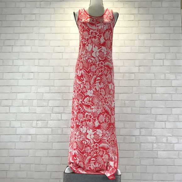 NWT Knit Tropical Palm Print Maxi Dress Side Slit - Picture 2 of 9